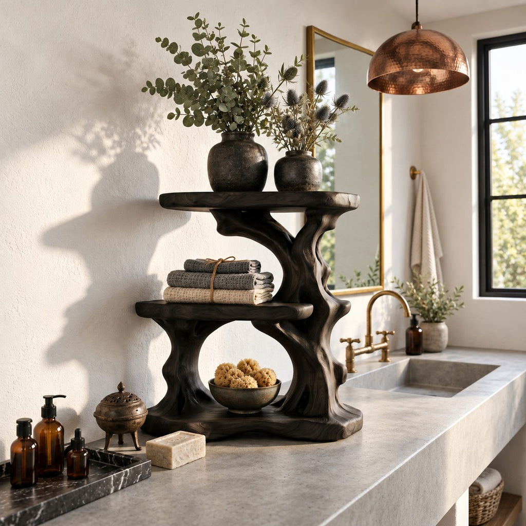 Driftwood Column Corner Bathroom Organizer, Three Level Solid Wood Vanity Shelf for Counter Corners