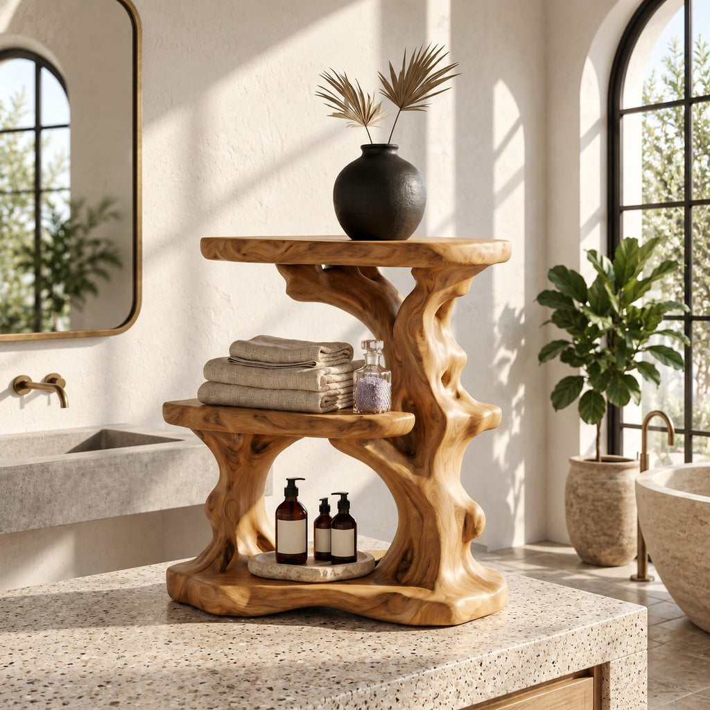Driftwood Column Corner Bathroom Organizer, Three Level Solid Wood Vanity Shelf for Counter Corners