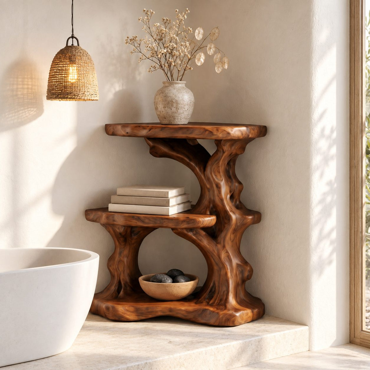 Driftwood Column Corner Bathroom Organizer, Three Level Solid Wood Vanity Shelf for Counter Corners