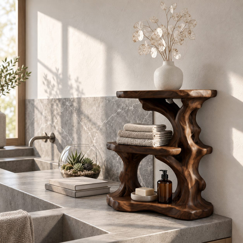 Driftwood Column Corner Bathroom Organizer, Three Level Solid Wood Vanity Shelf for Counter Corners