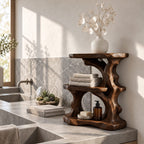 Driftwood Column Corner Bathroom Organizer, Three Level Solid Wood Vanity Shelf for Counter Corners