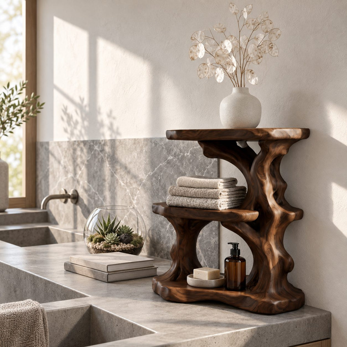 Driftwood Column Corner Bathroom Organizer, Three Level Solid Wood Vanity Shelf for Counter Corners