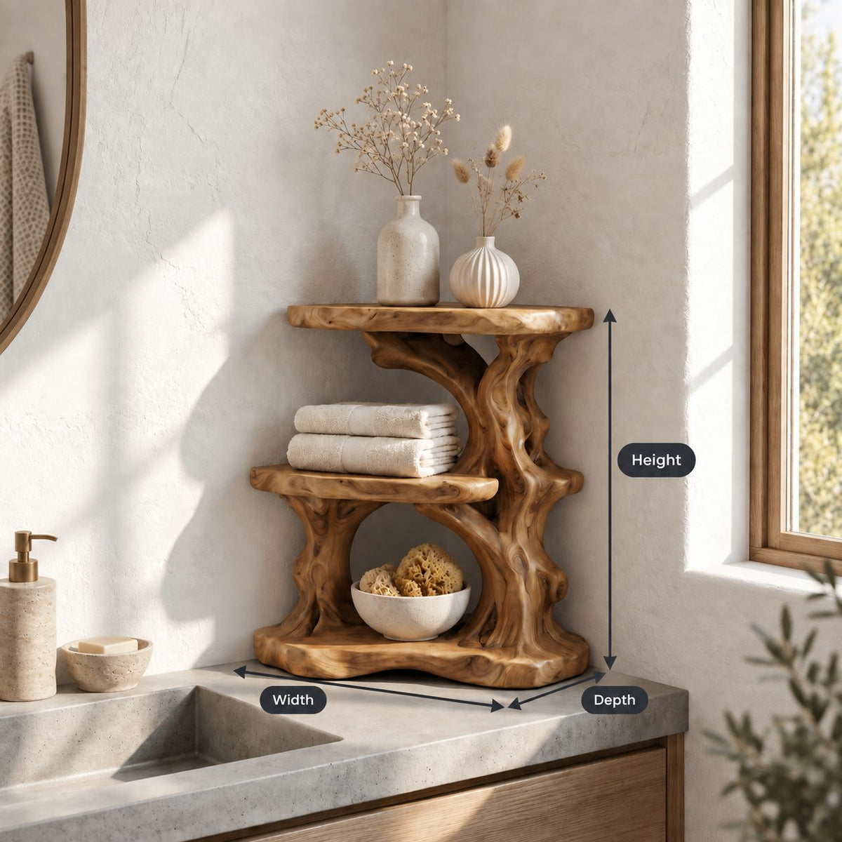Driftwood Column Corner Bathroom Organizer, Three Level Solid Wood Vanity Shelf for Counter Corners