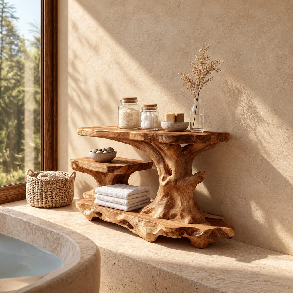 Long Gnarled Trunk Bathroom Ledge Shelf, Live Edge Solid Wood Tub and Vanity Stand with Low Shelf