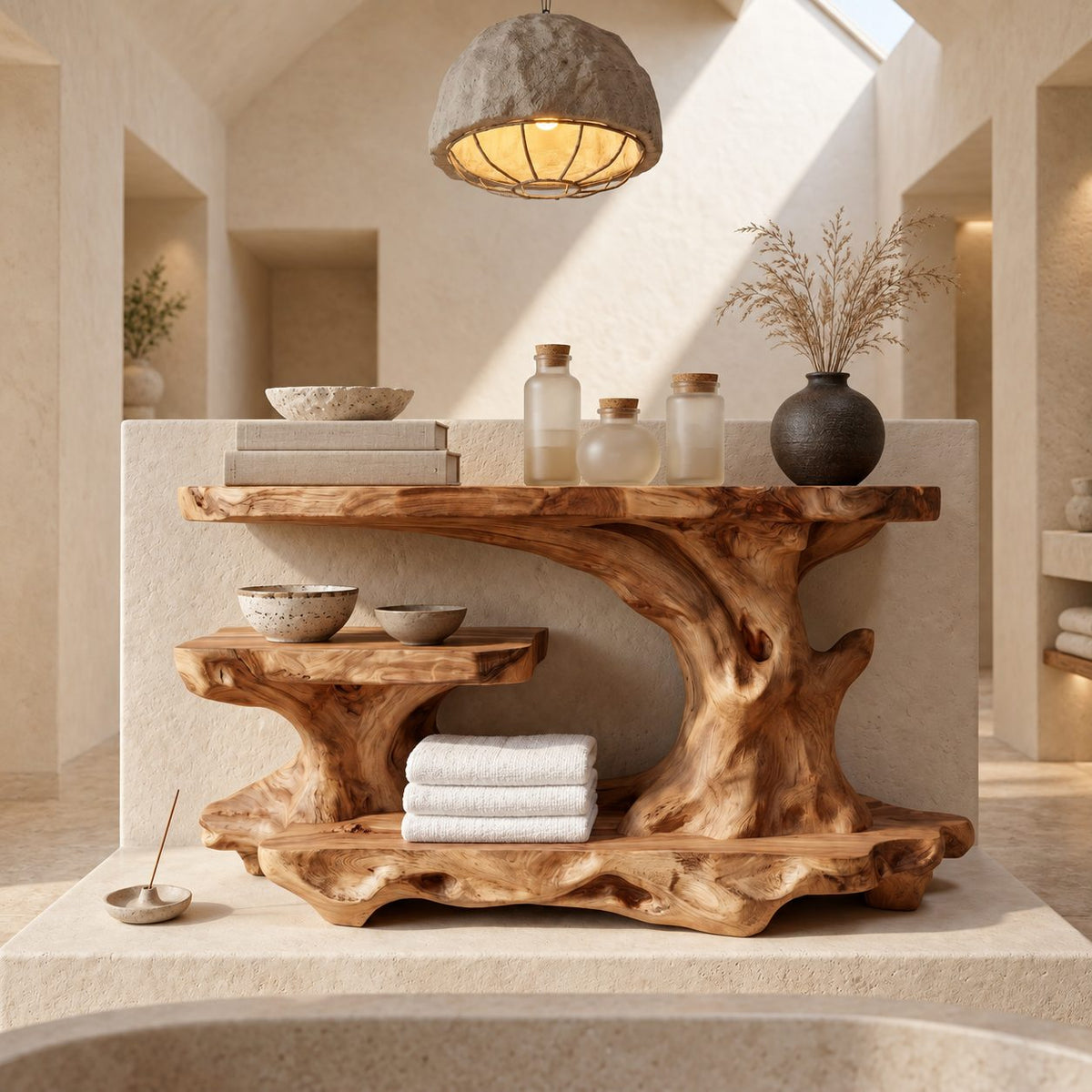 Long Gnarled Trunk Bathroom Ledge Shelf, Live Edge Solid Wood Tub and Vanity Stand with Low Shelf