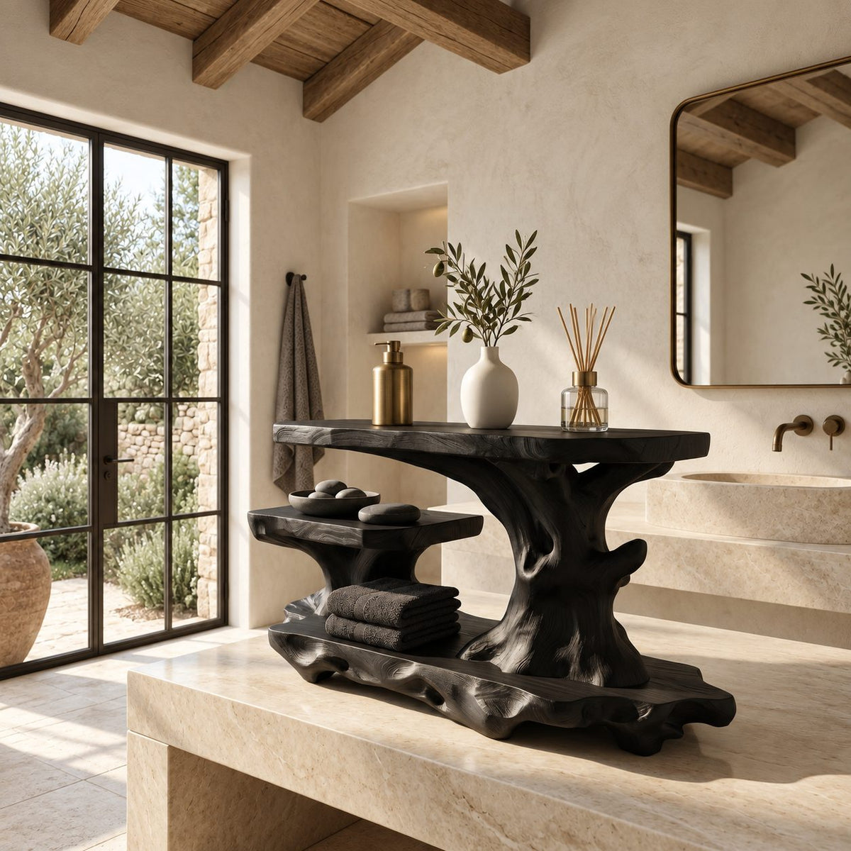Long Gnarled Trunk Bathroom Ledge Shelf, Live Edge Solid Wood Tub and Vanity Stand with Low Shelf