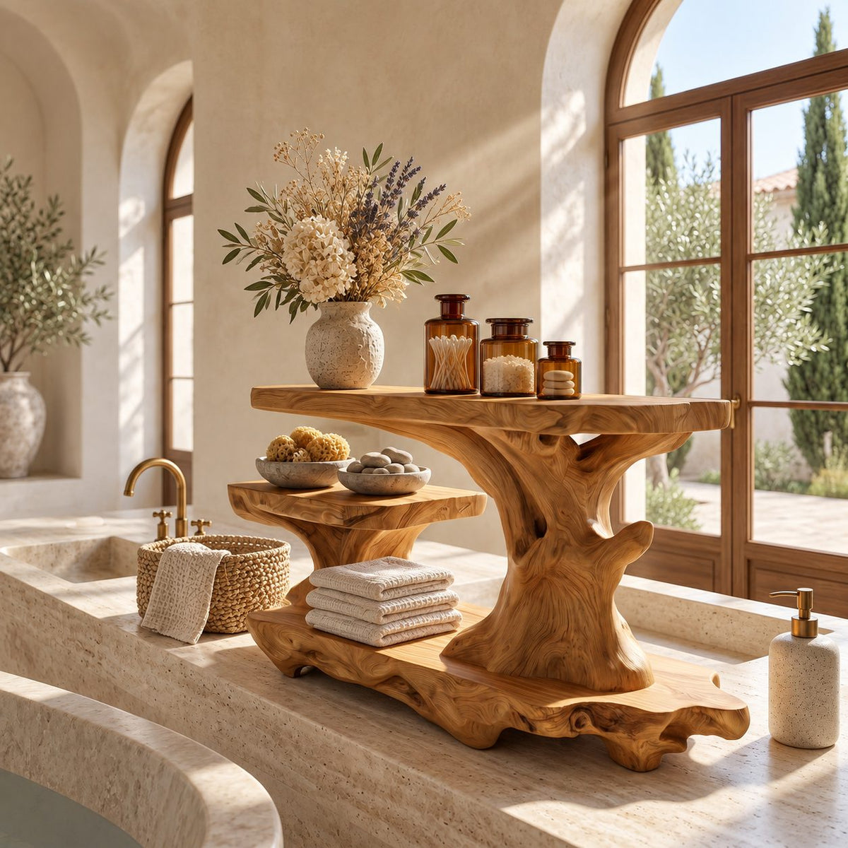 Long Gnarled Trunk Bathroom Ledge Shelf, Live Edge Solid Wood Tub and Vanity Stand with Low Shelf