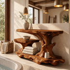 Long Gnarled Trunk Bathroom Ledge Shelf, Live Edge Solid Wood Tub and Vanity Stand with Low Shelf