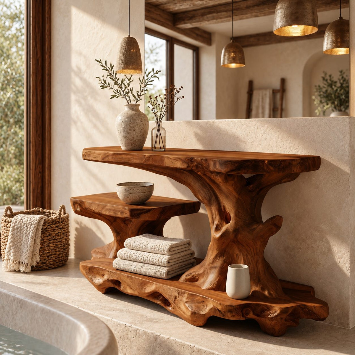 Long Gnarled Trunk Bathroom Ledge Shelf, Live Edge Solid Wood Tub and Vanity Stand with Low Shelf