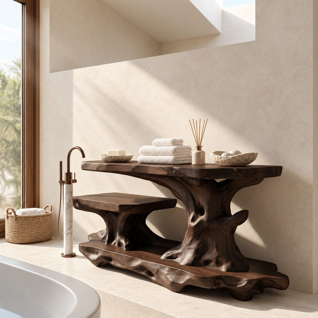 Long Gnarled Trunk Bathroom Ledge Shelf, Live Edge Solid Wood Tub and Vanity Stand with Low Shelf