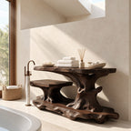 Long Gnarled Trunk Bathroom Ledge Shelf, Live Edge Solid Wood Tub and Vanity Stand with Low Shelf