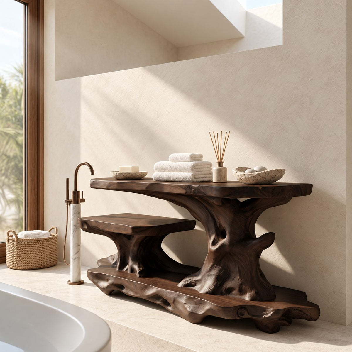 Long Gnarled Trunk Bathroom Ledge Shelf, Live Edge Solid Wood Tub and Vanity Stand with Low Shelf