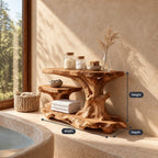 Long Gnarled Trunk Bathroom Ledge Shelf, Live Edge Solid Wood Tub and Vanity Stand with Low Shelf