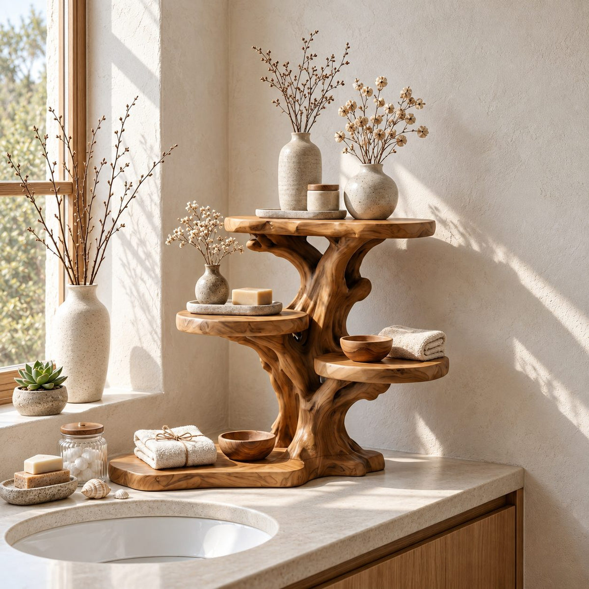 Stepped Branch Bathroom Counter Shelf, Five Level Offset Trunk Solid Wood Vanity Organizer