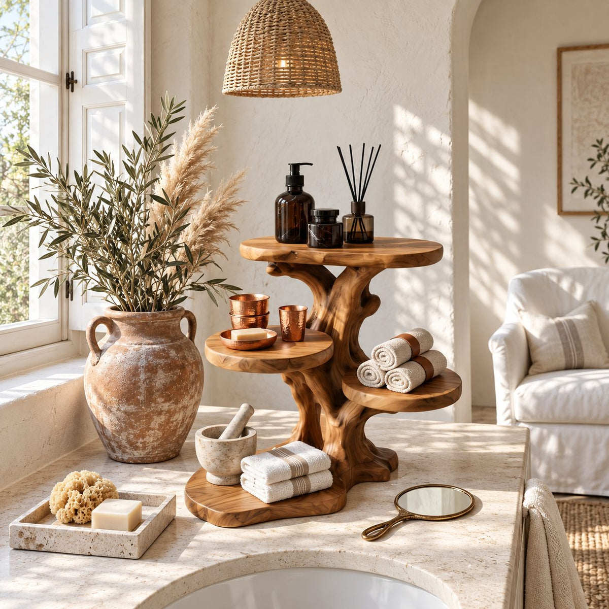 Stepped Branch Bathroom Counter Shelf, Five Level Offset Trunk Solid Wood Vanity Organizer
