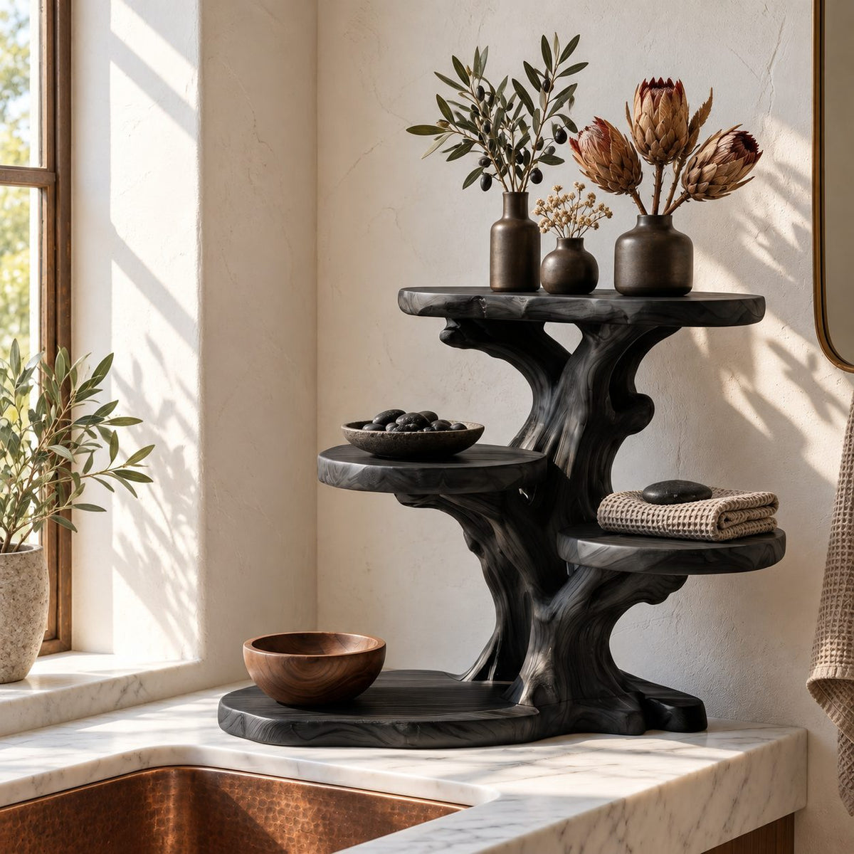Stepped Branch Bathroom Counter Shelf, Five Level Offset Trunk Solid Wood Vanity Organizer