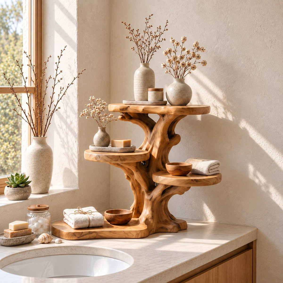 Stepped Branch Bathroom Counter Shelf, Five Level Offset Trunk Solid Wood Vanity Organizer