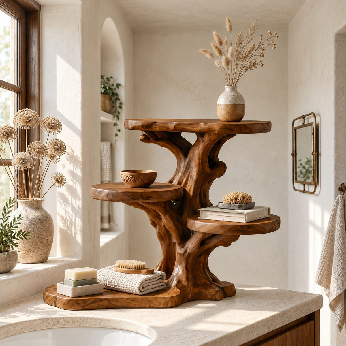 Stepped Branch Bathroom Counter Shelf, Five Level Offset Trunk Solid Wood Vanity Organizer