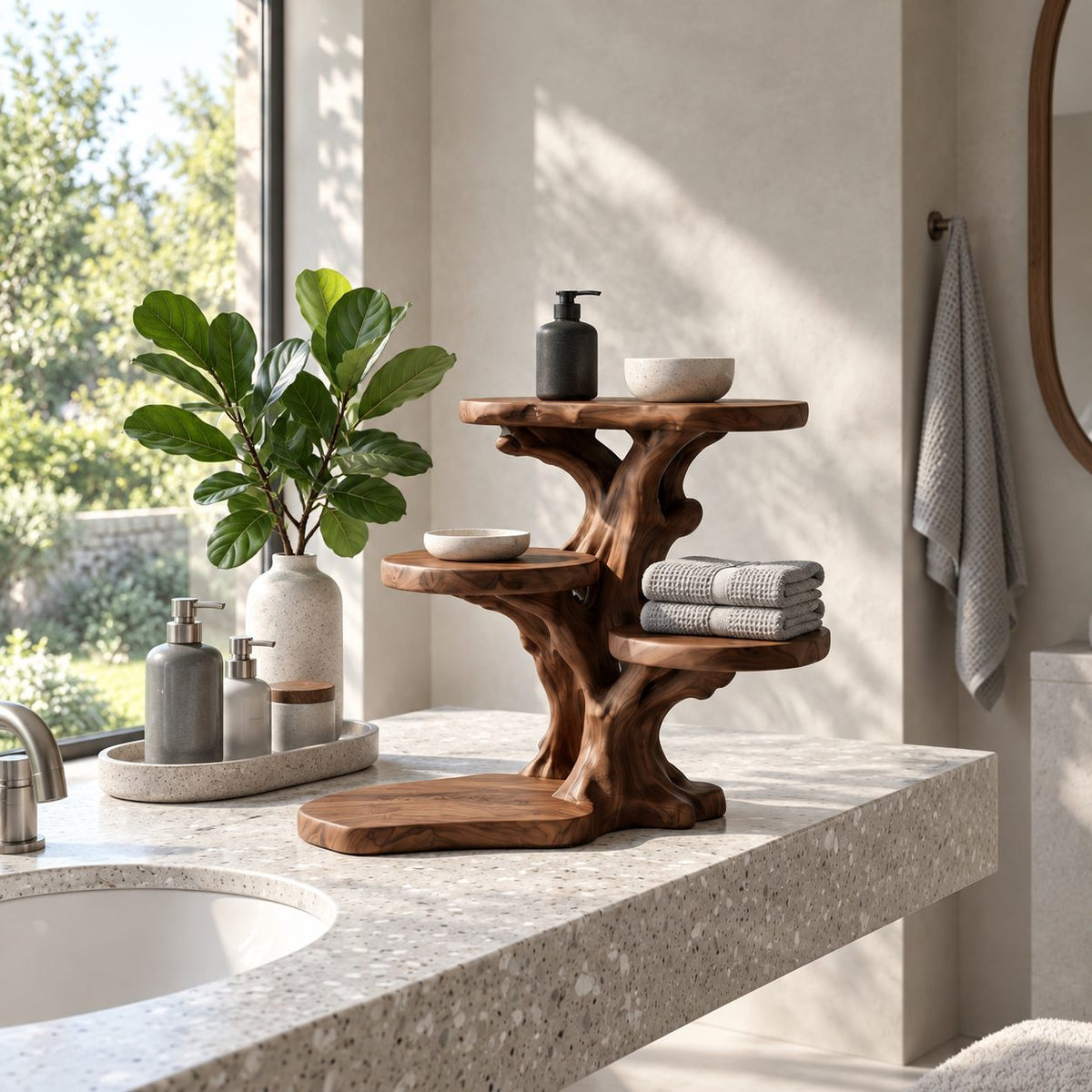 Stepped Branch Bathroom Counter Shelf, Five Level Offset Trunk Solid Wood Vanity Organizer