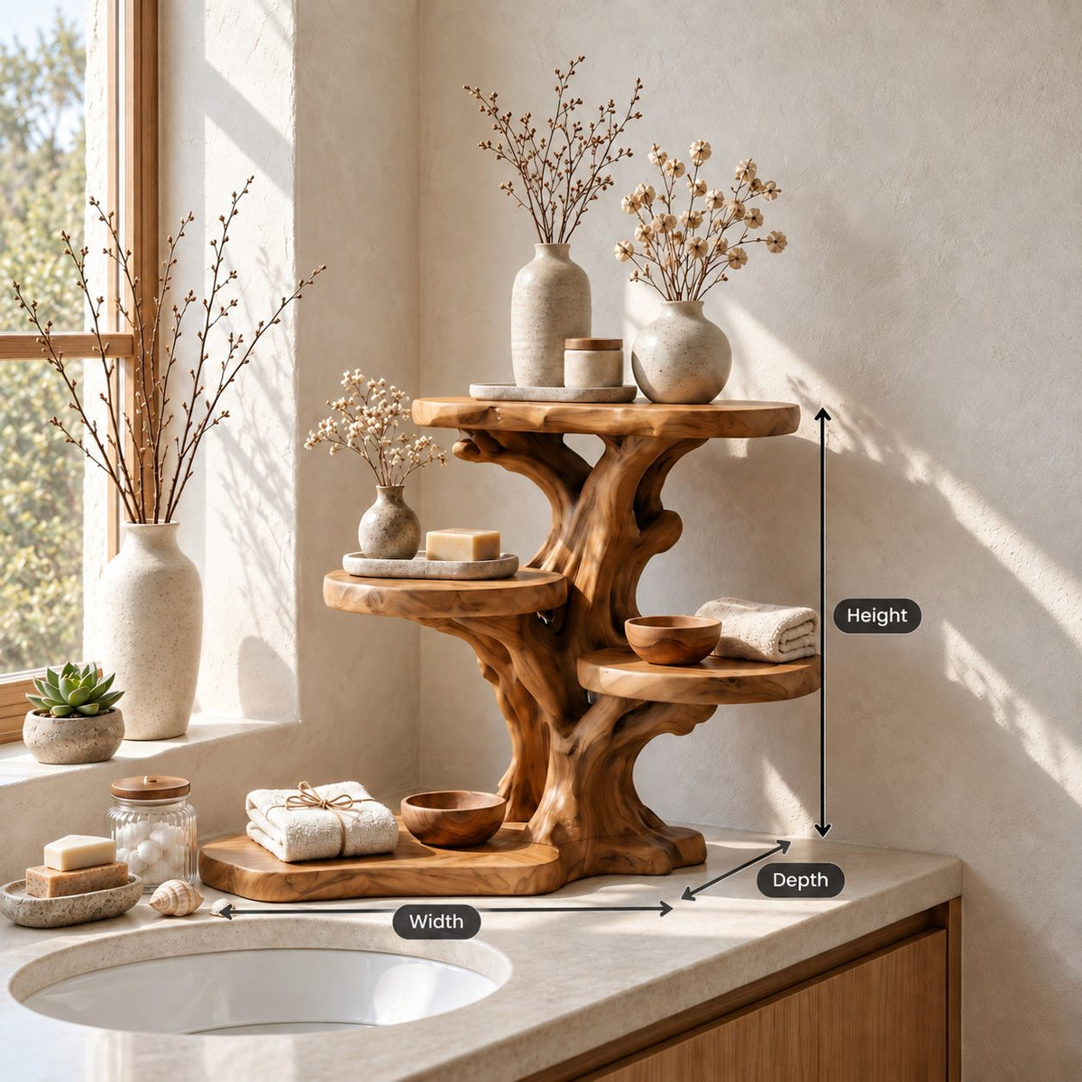 Stepped Branch Bathroom Counter Shelf, Five Level Offset Trunk Solid Wood Vanity Organizer