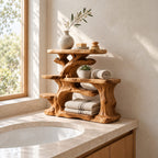 Rugged Trunk Bathroom Counter Organizer, Four Level Solid Wood Vanity Shelf with Side Step