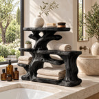 Rugged Trunk Bathroom Counter Organizer, Four Level Solid Wood Vanity Shelf with Side Step