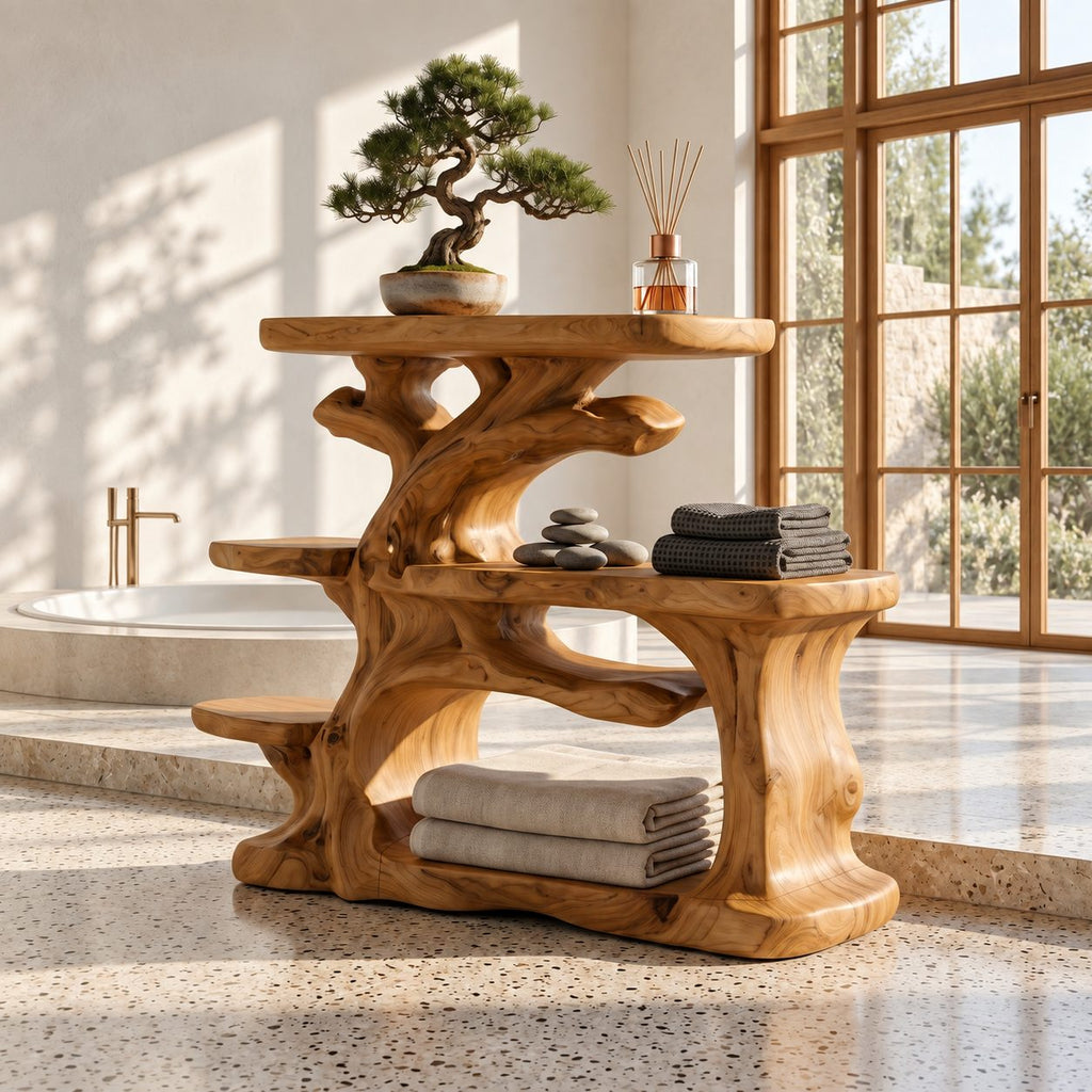 Rugged Trunk Bathroom Counter Organizer, Four Level Solid Wood Vanity Shelf with Side Step