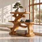 Rugged Trunk Bathroom Counter Organizer, Four Level Solid Wood Vanity Shelf with Side Step