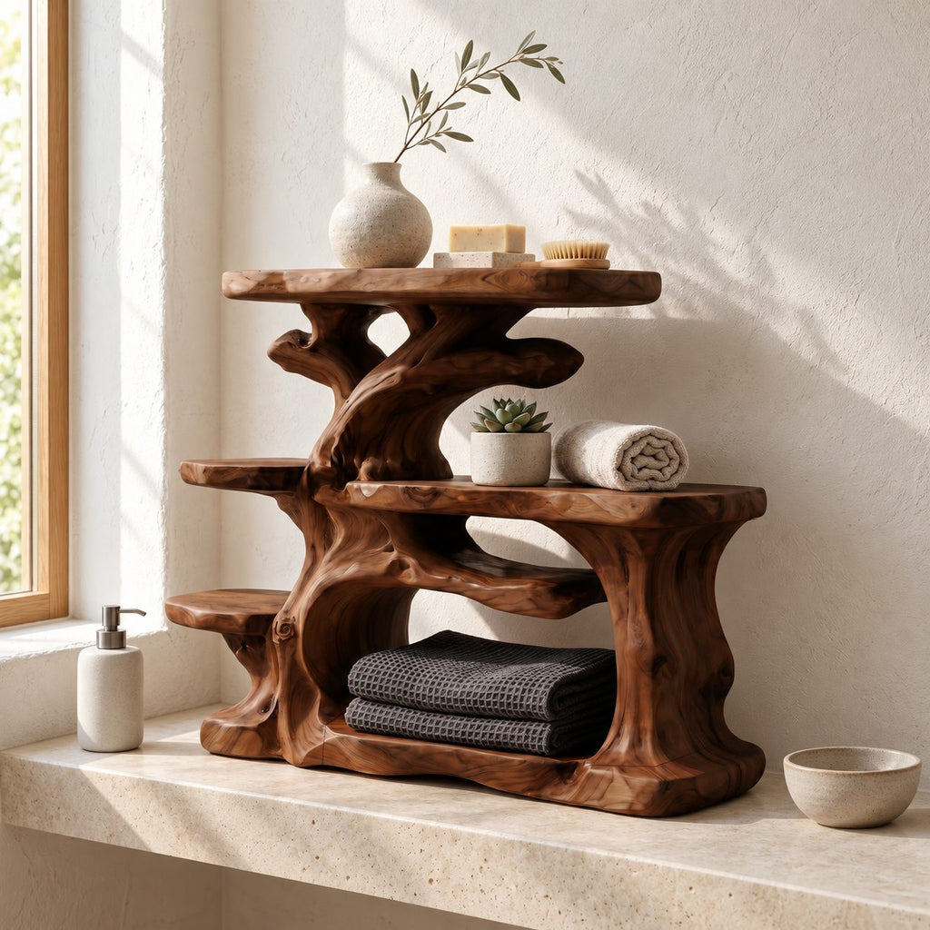 Rugged Trunk Bathroom Counter Organizer, Four Level Solid Wood Vanity Shelf with Side Step