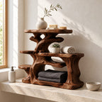 Rugged Trunk Bathroom Counter Organizer, Four Level Solid Wood Vanity Shelf with Side Step