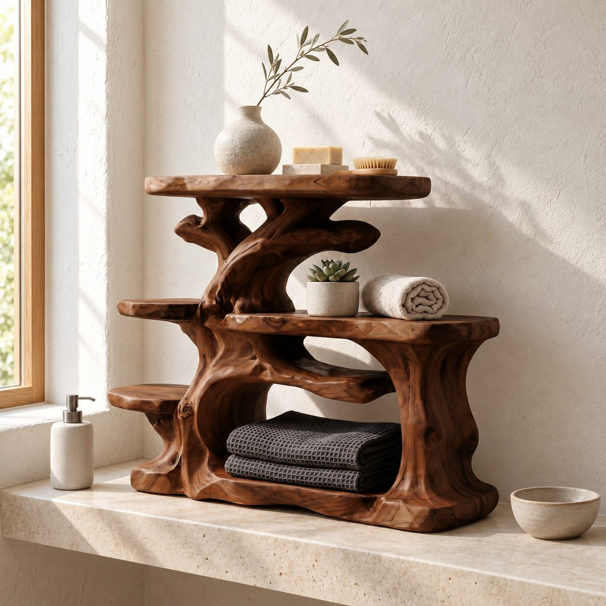 Rugged Trunk Bathroom Counter Organizer, Four Level Solid Wood Vanity Shelf with Side Step