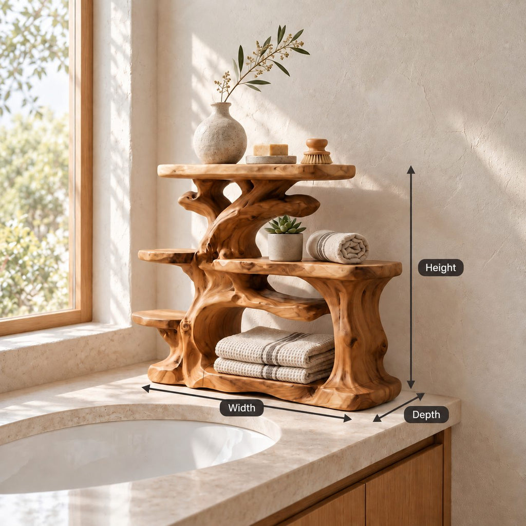 Rugged Trunk Bathroom Counter Organizer, Four Level Solid Wood Vanity Shelf with Side Step