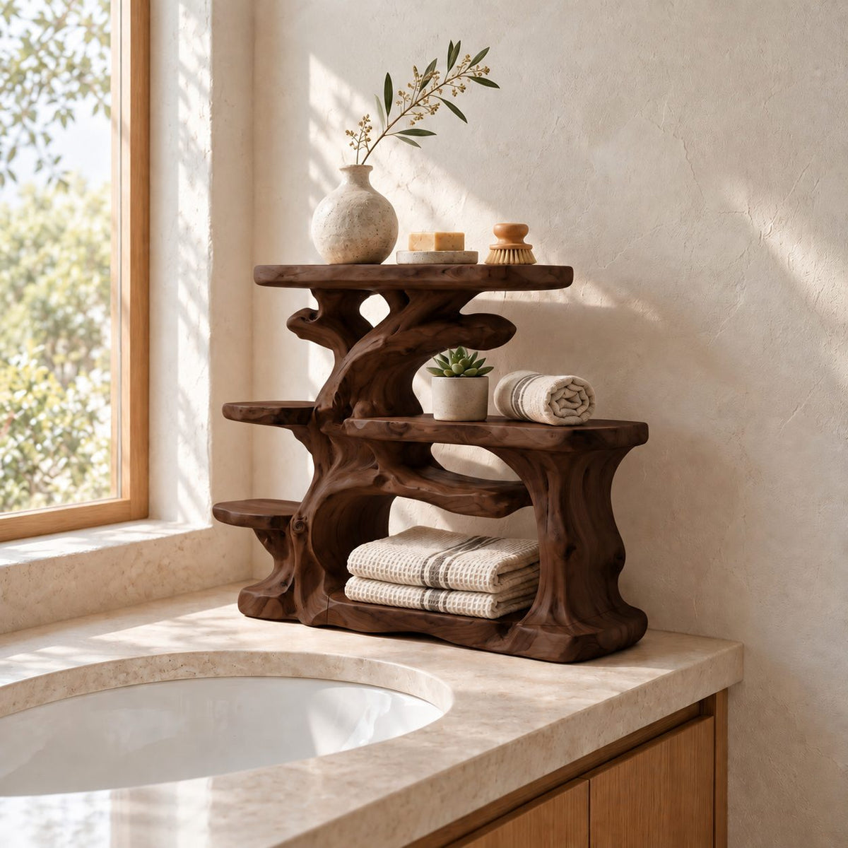Rugged Trunk Bathroom Counter Organizer, Four Level Solid Wood Vanity Shelf with Side Step