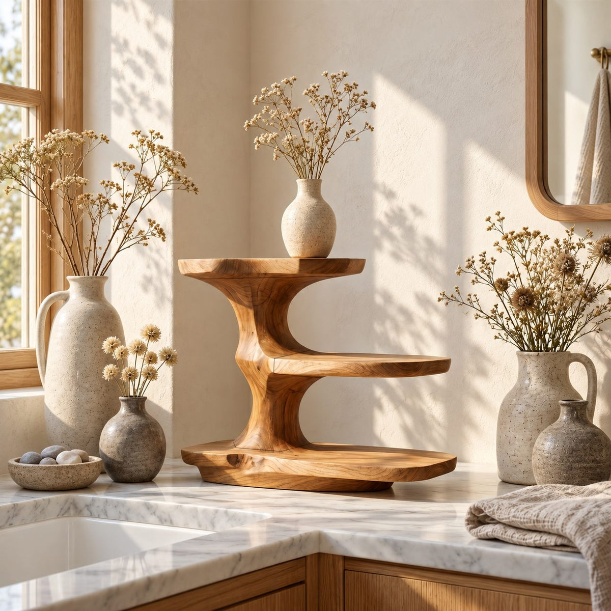 Curved Stem Bathroom Counter Shelf, Smooth Sculpted Solid Wood Three Tier Vanity Organizer