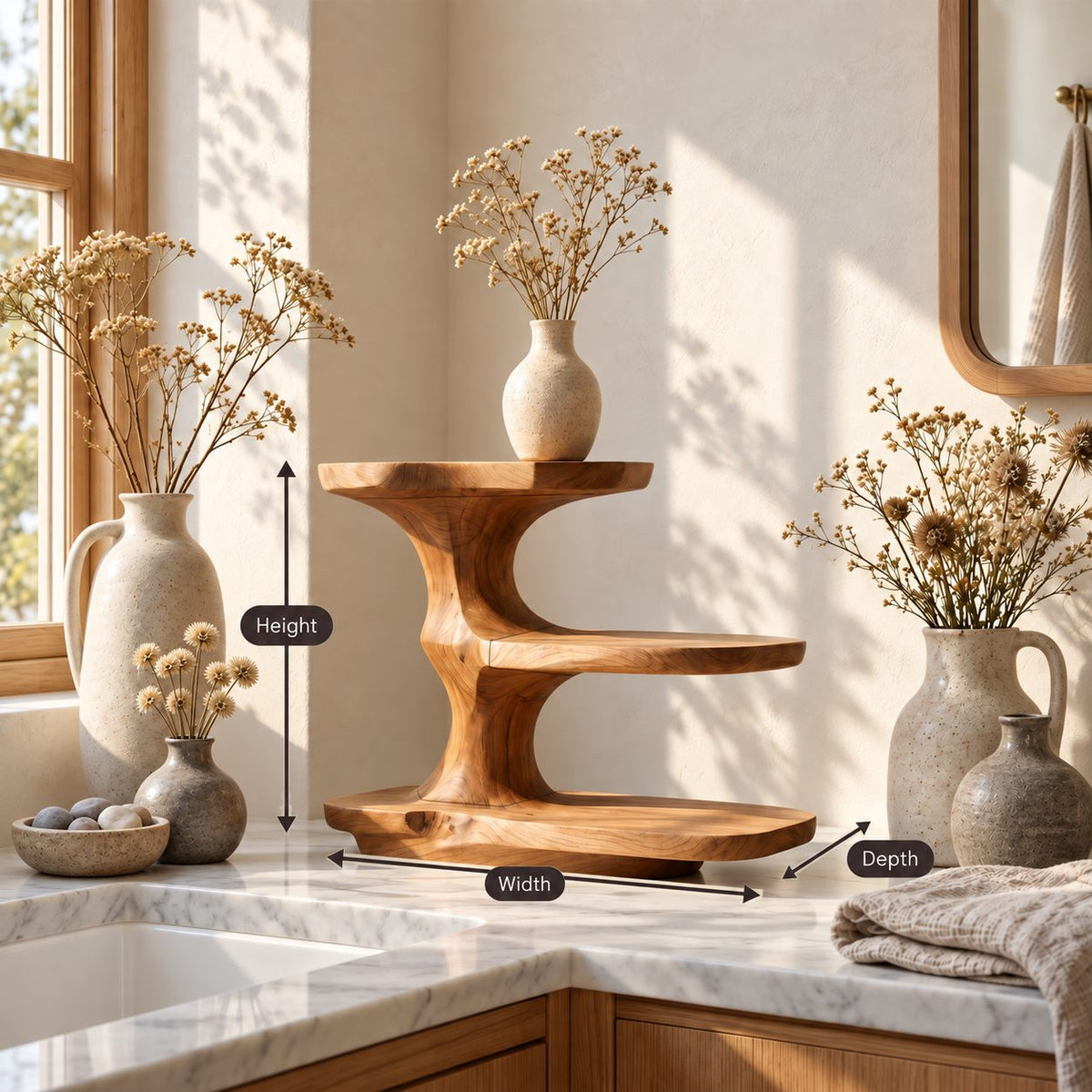 Curved Stem Bathroom Counter Shelf, Smooth Sculpted Solid Wood Three Tier Vanity Organizer