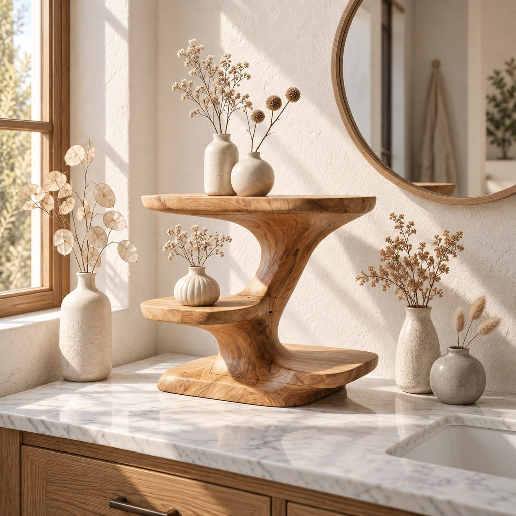 Zigzag Sculpted Bathroom Vanity Shelf, Smooth Solid Wood Three Tier Counter Organizer