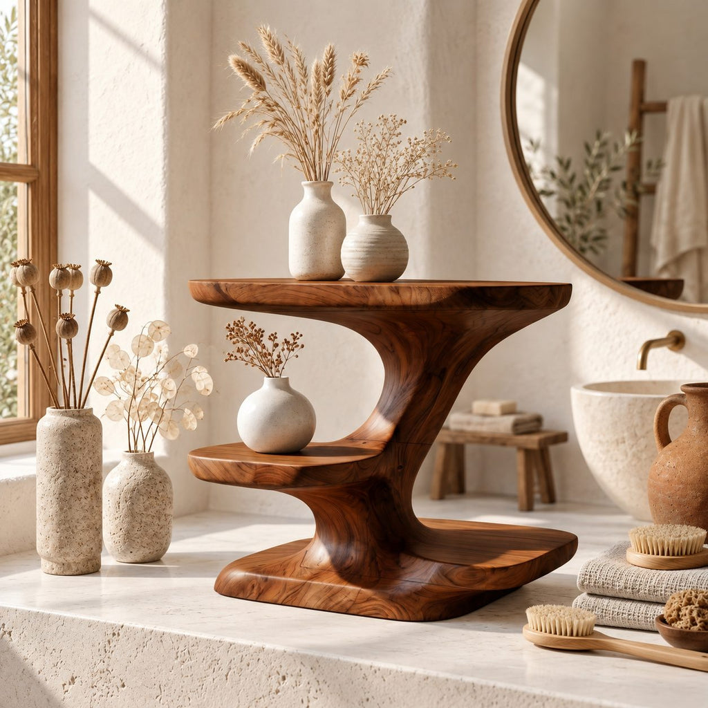 Zigzag Sculpted Bathroom Vanity Shelf, Smooth Solid Wood Three Tier Counter Organizer