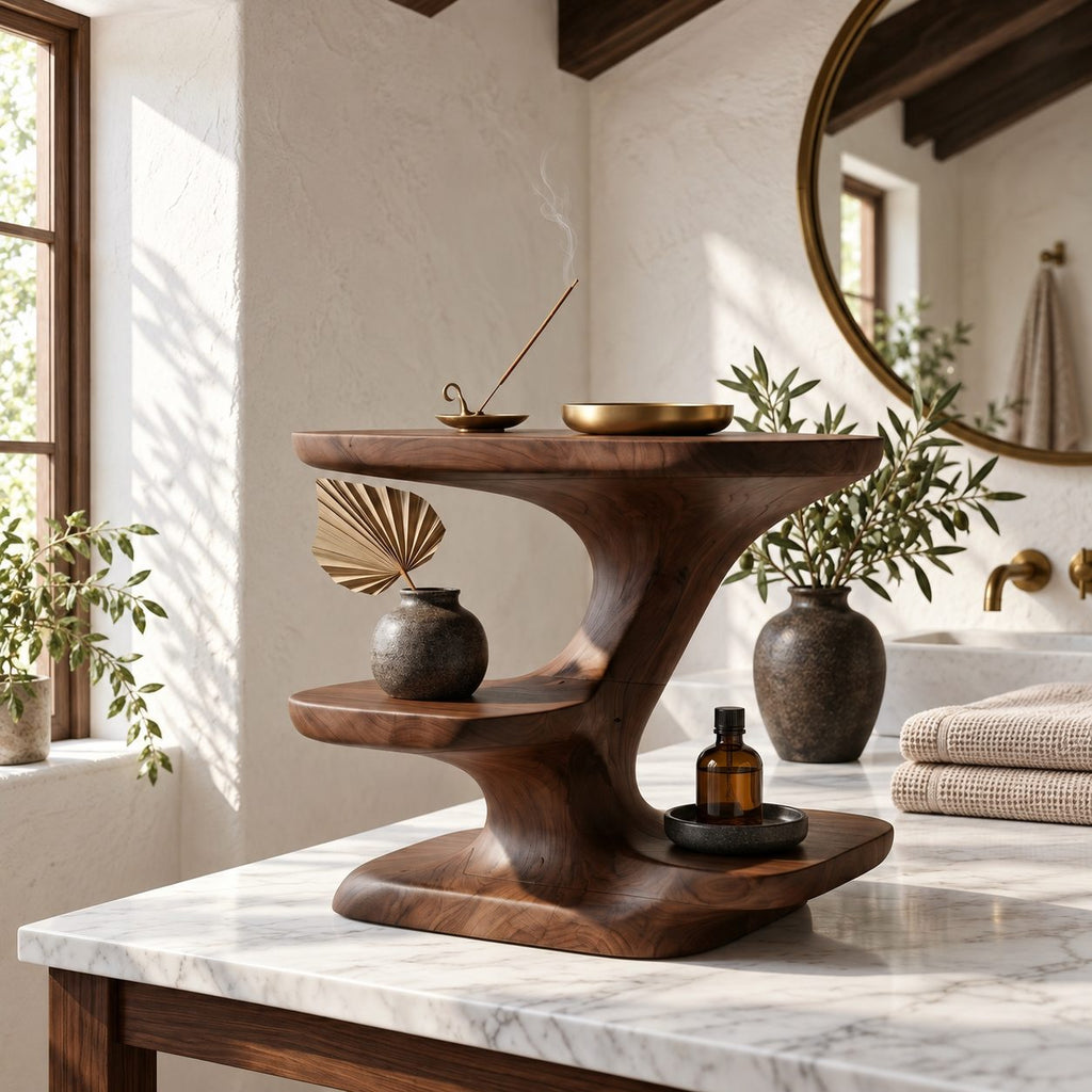 Zigzag Sculpted Bathroom Vanity Shelf, Smooth Solid Wood Three Tier Counter Organizer
