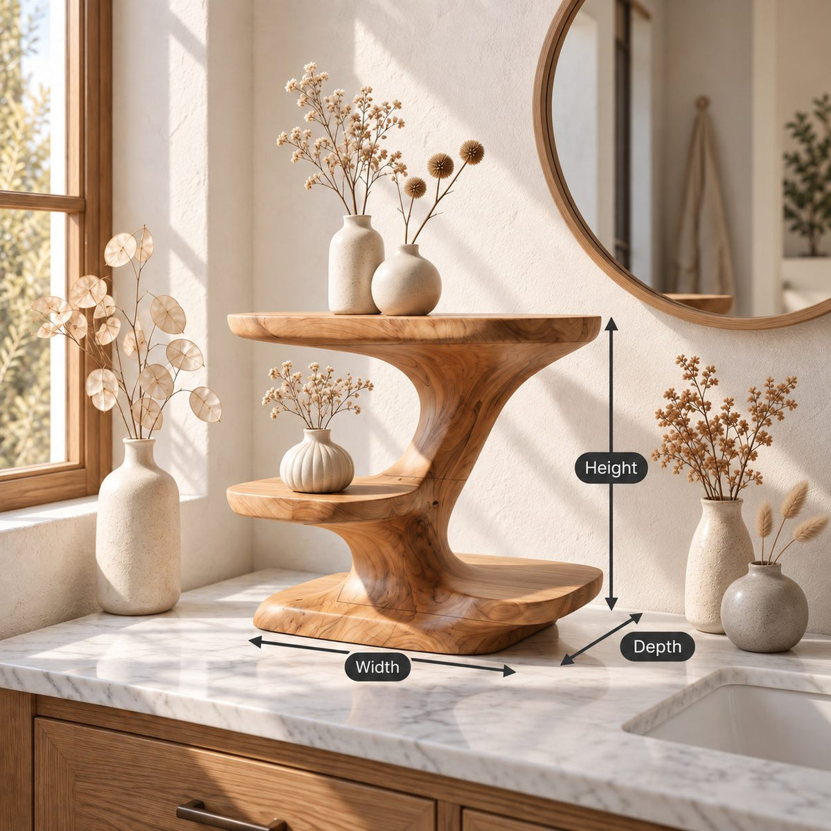 Zigzag Sculpted Bathroom Vanity Shelf, Smooth Solid Wood Three Tier Counter Organizer