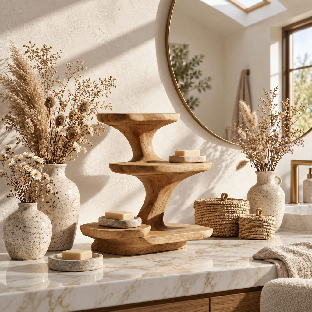 Hourglass Bathroom Vanity Organizer, Flared Top Sculpted Solid Wood Three Tier Counter Shelf