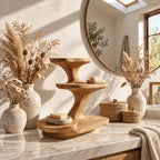 Hourglass Bathroom Vanity Organizer, Flared Top Sculpted Solid Wood Three Tier Counter Shelf