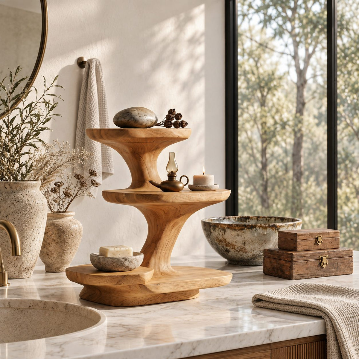 Hourglass Bathroom Vanity Organizer, Flared Top Sculpted Solid Wood Three Tier Counter Shelf