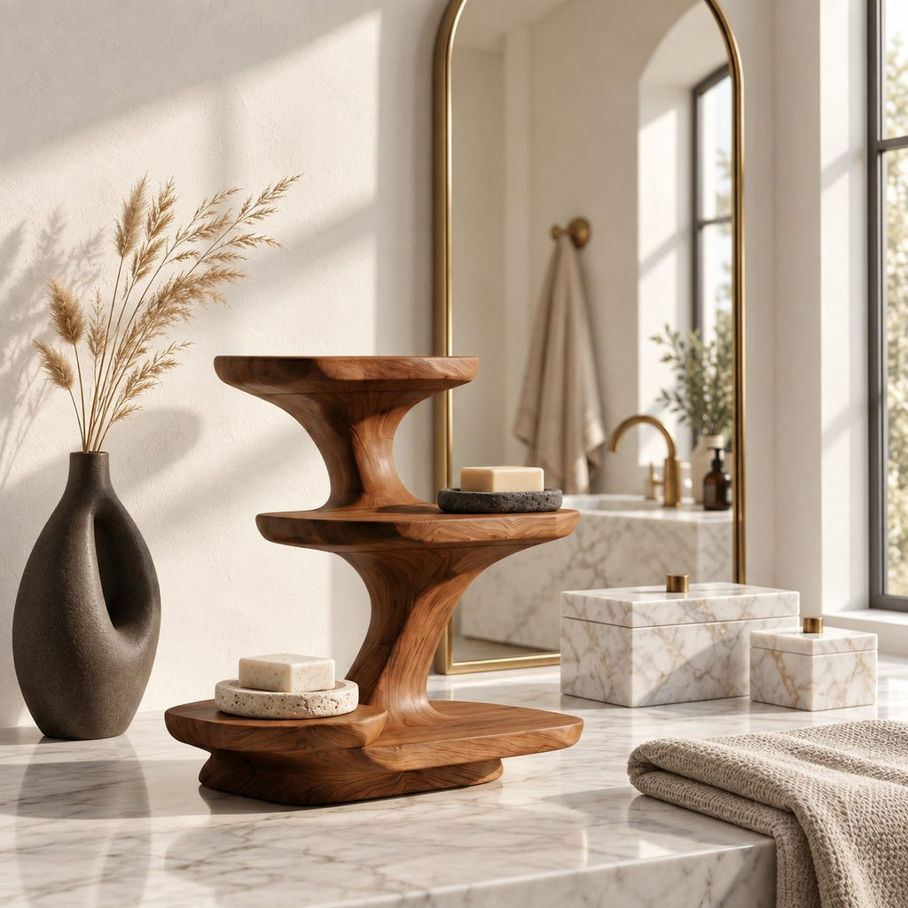 Hourglass Bathroom Vanity Organizer, Flared Top Sculpted Solid Wood Three Tier Counter Shelf
