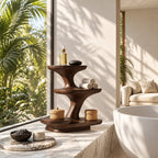 Hourglass Bathroom Vanity Organizer, Flared Top Sculpted Solid Wood Three Tier Counter Shelf