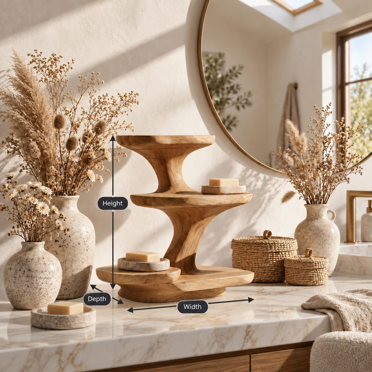 Hourglass Bathroom Vanity Organizer, Flared Top Sculpted Solid Wood Three Tier Counter Shelf