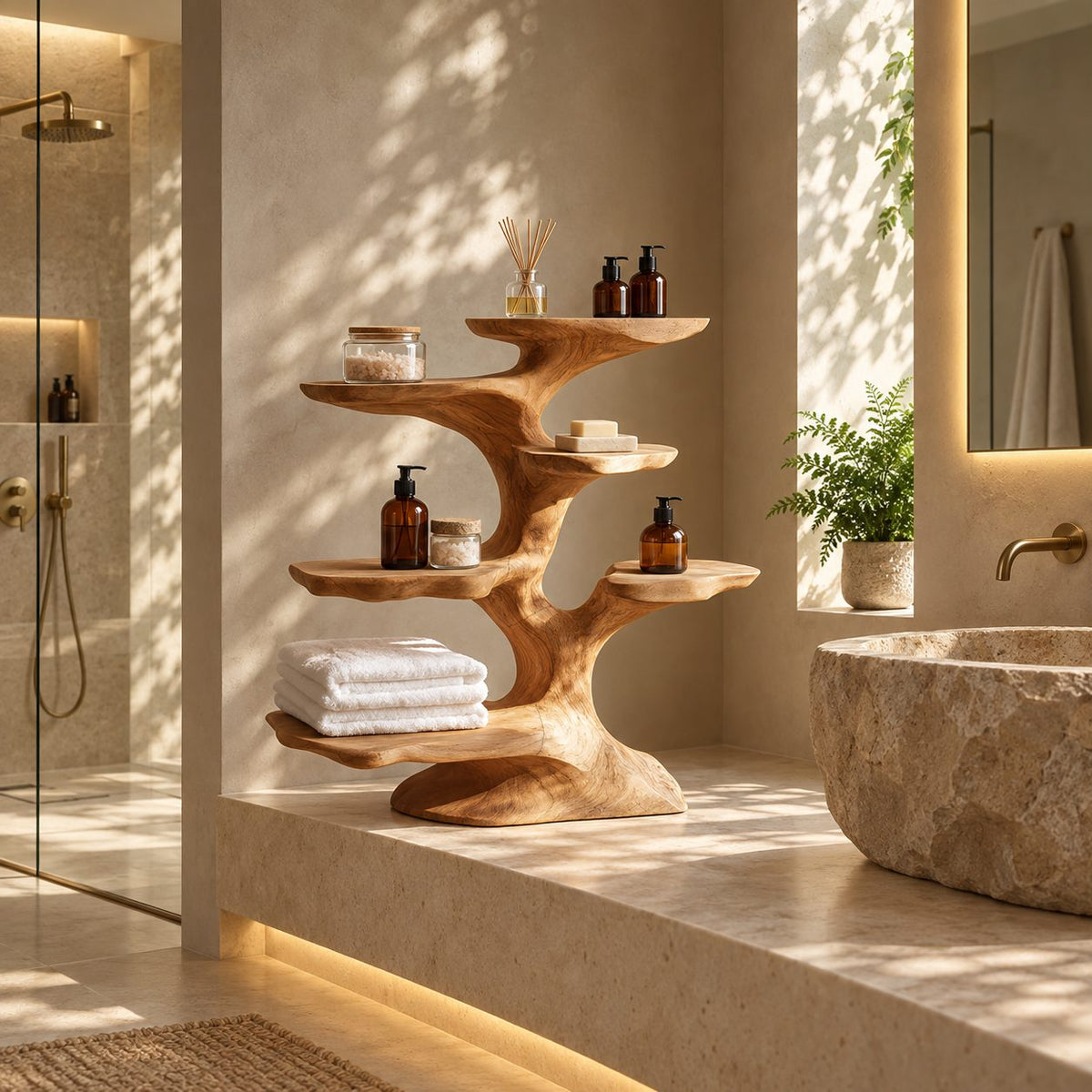 Windswept Tree Freestanding Bathroom Shelf, Sculpted Solid Wood Multi Tier Towel Organizer, 30-40 Inch