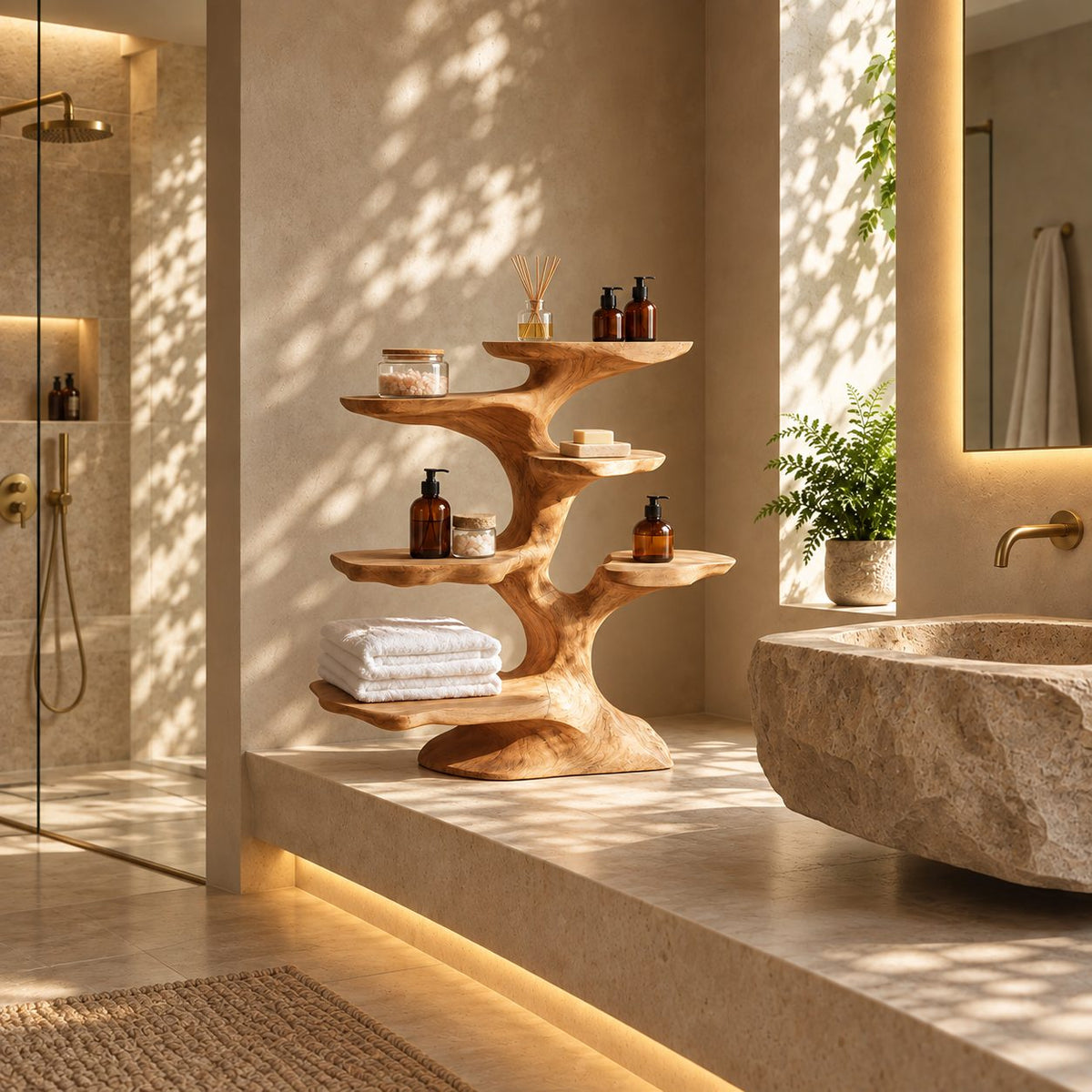 Windswept Tree Freestanding Bathroom Shelf, Sculpted Solid Wood Multi Tier Towel Organizer, 30-40 Inch