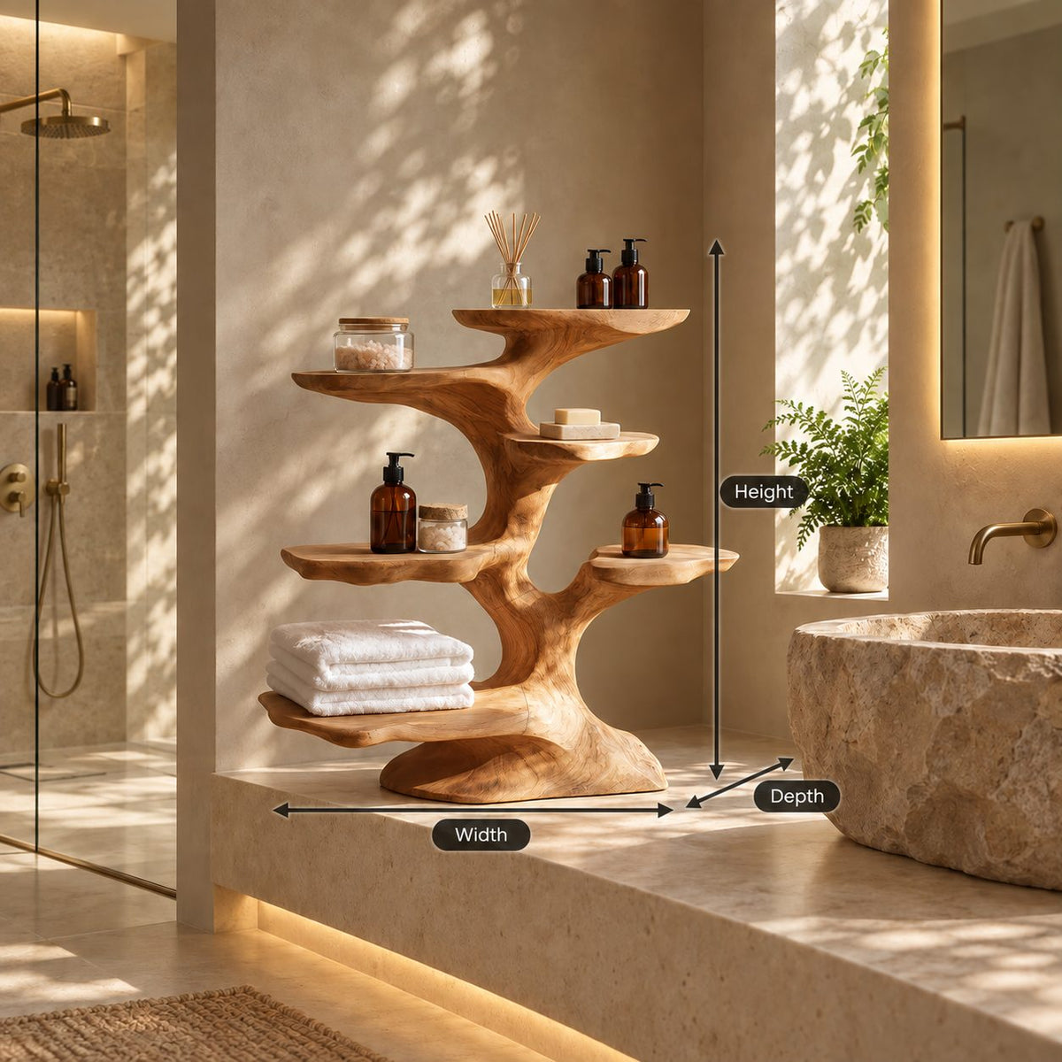 Windswept Tree Freestanding Bathroom Shelf, Sculpted Solid Wood Multi Tier Towel Organizer, 30-40 Inch