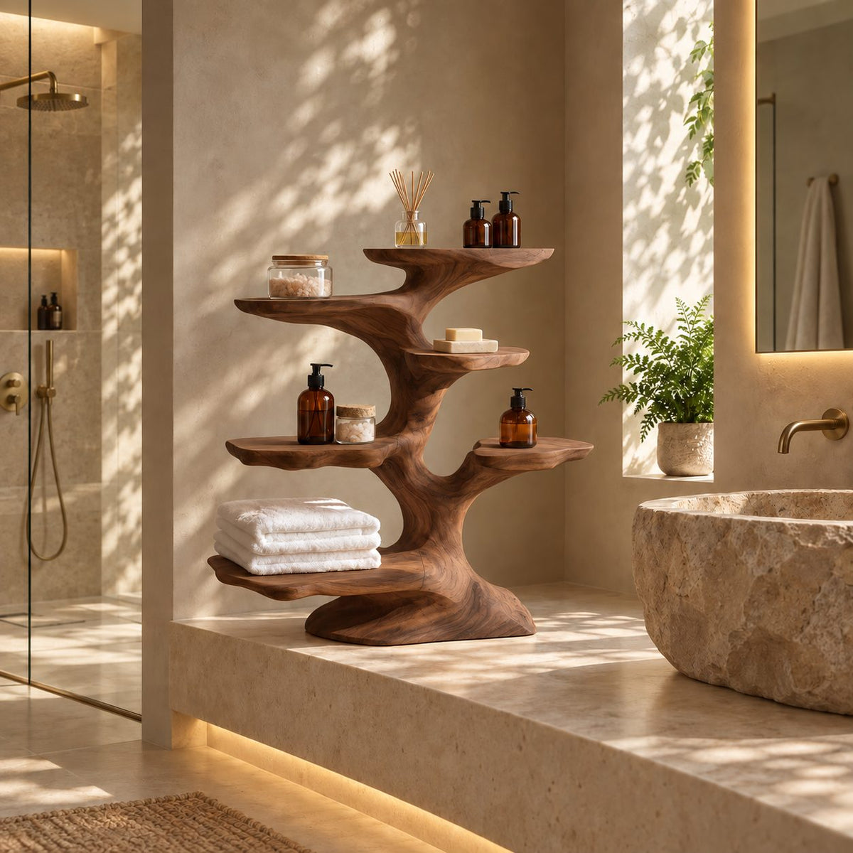 Windswept Tree Freestanding Bathroom Shelf, Sculpted Solid Wood Multi Tier Towel Organizer, 30-40 Inch