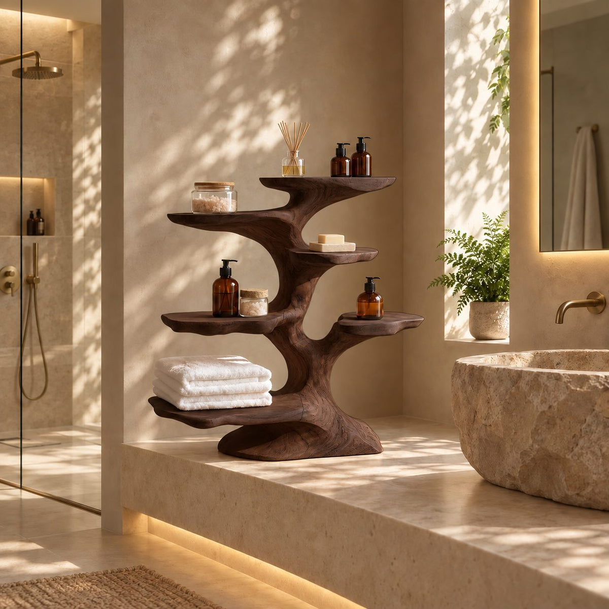 Windswept Tree Freestanding Bathroom Shelf, Sculpted Solid Wood Multi Tier Towel Organizer, 30-40 Inch